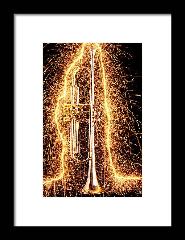 Trumpet Framed Print featuring the photograph Trumpet outlined with sparks by Garry Gay