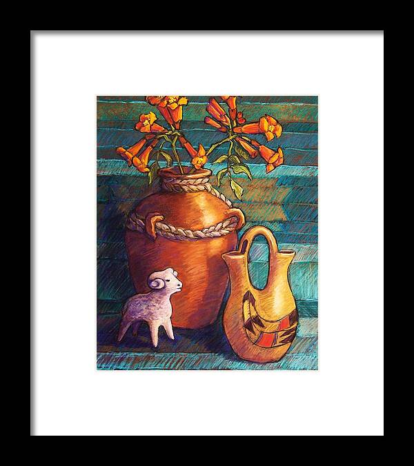 Still Life Framed Print featuring the pastel Trumpet Vines and Pottery by Candy Mayer