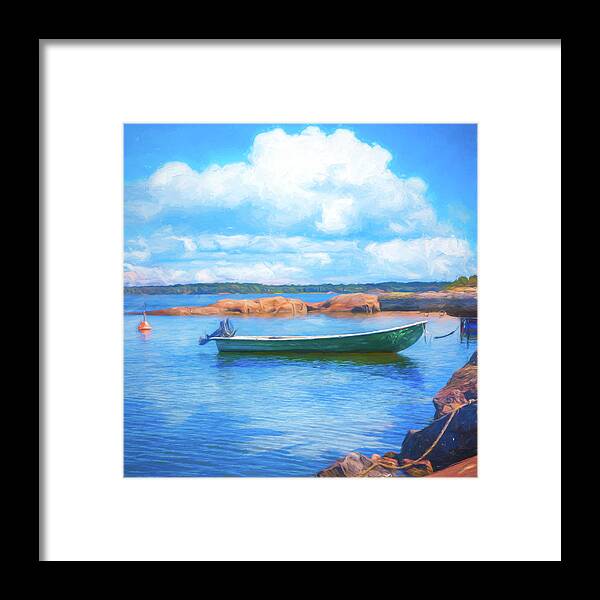 Boats Framed Print featuring the photograph Tucked in the Harbor Oil Painting by Debra and Dave Vanderlaan