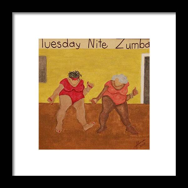 Two Ladies Dancing Framed Print featuring the painting Tuesday Nite Zumba by Suzon Lemar