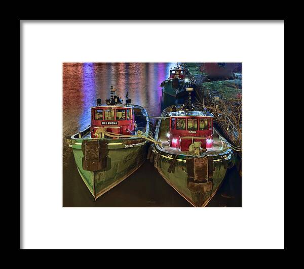 Tug Framed Print featuring the photograph Tug Boats at Night by Frozen in Time Fine Art Photography