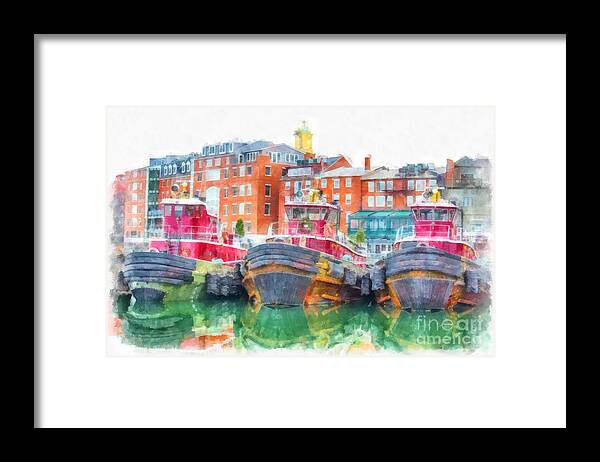 Tug Framed Print featuring the digital art Tugboats Portsmouth New Hampshire Watercolor by Edward Fielding