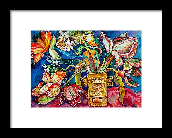 Flowers Framed Print featuring the painting Tulips in Mexican Vase by Yelena Tylkina