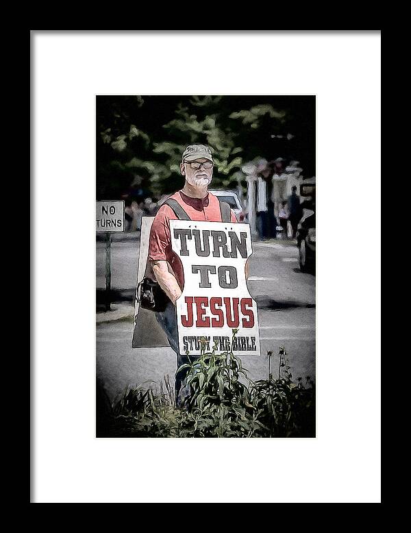 Humor Framed Print featuring the digital art Turn to Jesus by John Haldane