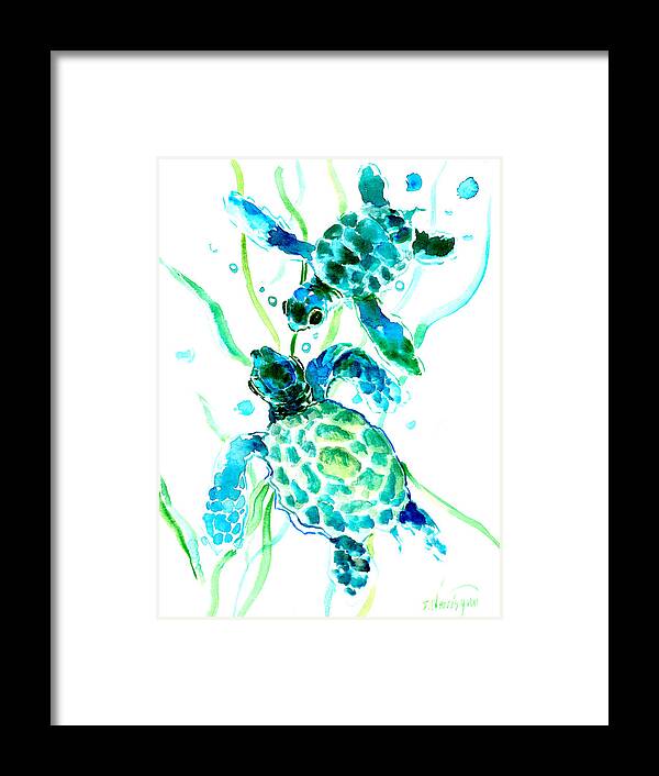Sea Turtle Framed Print featuring the painting Turquoise Indigo Sea Turtles by Suren Nersisyan