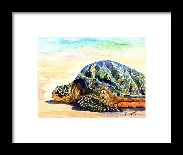 Green Sea Turtle Framed Print featuring the painting Turtle at Poipu Beach 8 by Marionette Taboniar