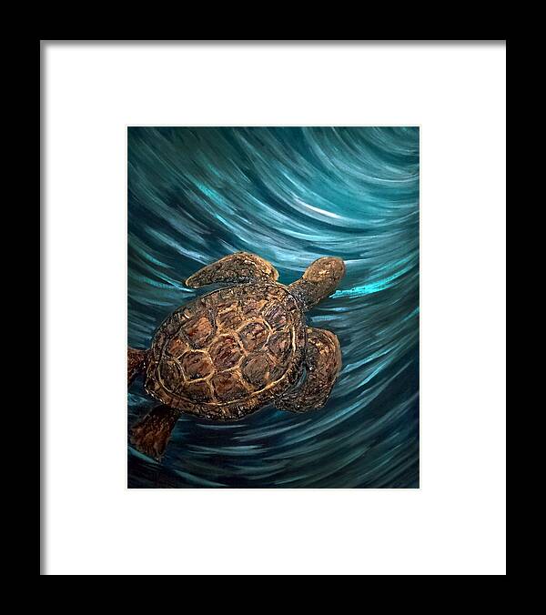 Sea Framed Print featuring the painting Turtle Wave Deep Blue by Michelle Pier