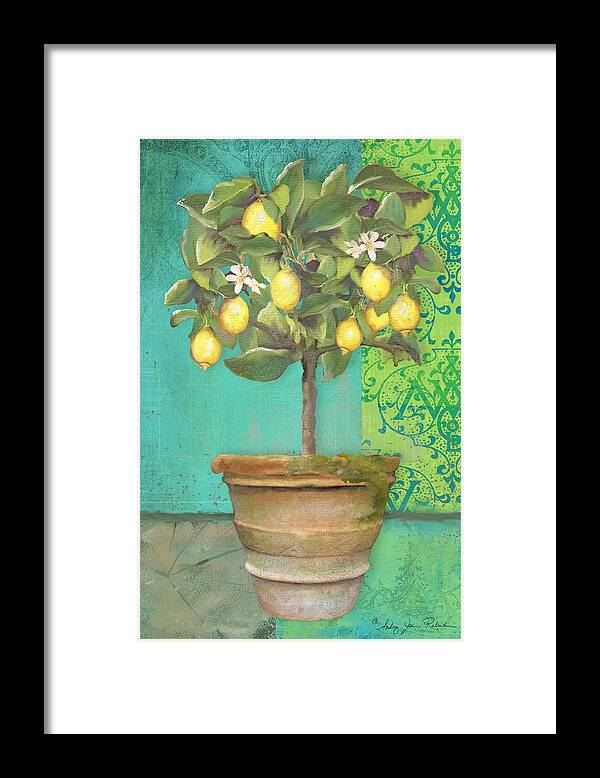 Tuscan Framed Print featuring the painting Tuscan Lemon Topiary - Damask Pattern 1 by Audrey Jeanne Roberts