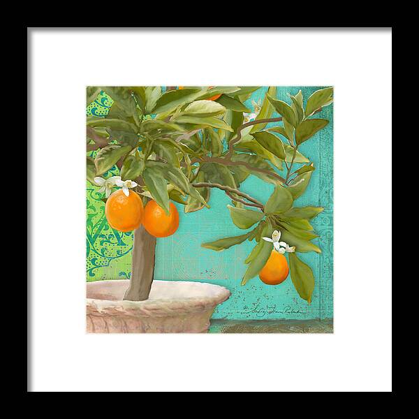 Tuscan Framed Print featuring the painting Tuscan Orange Topiary - Damask Pattern 3 by Audrey Jeanne Roberts