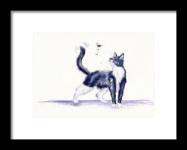 Cat Framed Print featuring the painting Tuxedo Cat and Bumble Bee by Debra Hall