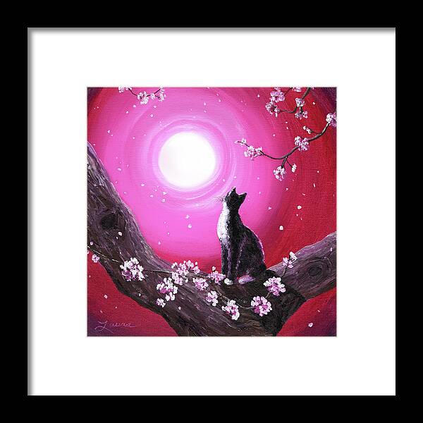 Tuxedo Cat Framed Print featuring the painting Tuxedo Cat in Cherry Blossoms by Laura Iverson