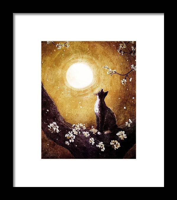 Tuxedo Cat Framed Print featuring the digital art Tuxedo Cat in Golden Cherry Blossoms by Laura Iverson