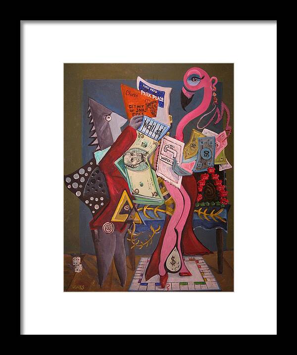 Economy Framed Print featuring the painting Twas the Loopholes Paper Sharks and Flamingo Dancer that Killed the Fish by Dennis Tawes