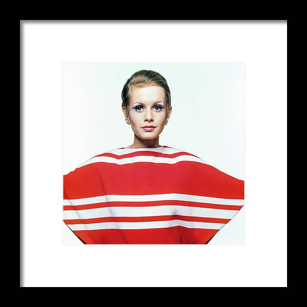 Woman Framed Print featuring the photograph Twiggy in Red Striped Coverup by Bert Stern