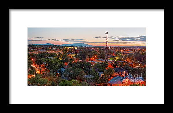 Santa Fe Framed Print featuring the photograph Twilight Panorama of Downtown Santa Fe from Cross of the Martyrs - New Mexico by Silvio Ligutti