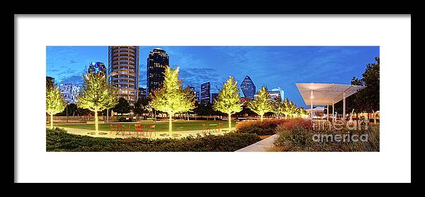 Downtown Framed Print featuring the photograph Twilight Panorama of Klyde Warren Park and Downtown Dallas Skyline - North Texas by Silvio Ligutti