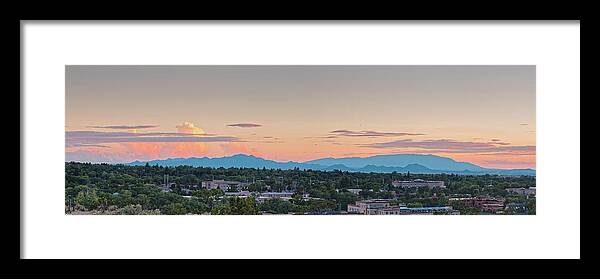 Santa Fe Framed Print featuring the photograph Twilight Panorama of Santa Fe Cityscape with Sandia Mountains in the Background - New Mexico by Silvio Ligutti