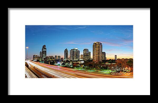 City Framed Print featuring the photograph Twilight Panorama of Uptown Houston Business District and Galleria Area Skyline Harris County Texas by Silvio Ligutti