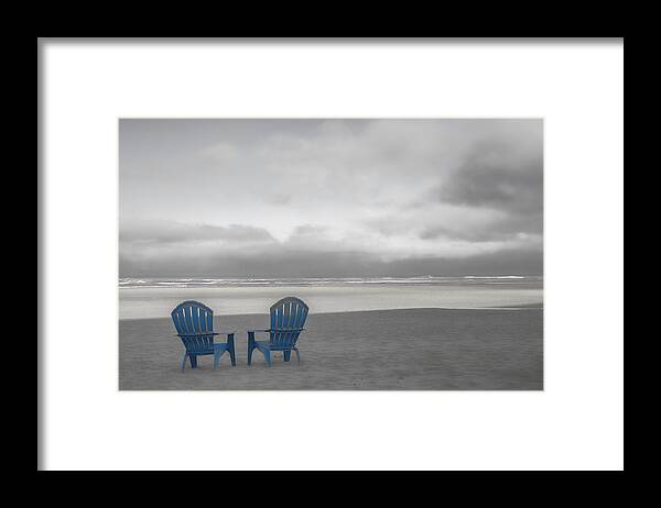 Cannon Beach Framed Print featuring the photograph Two Blue Beach Chairs by Don Schwartz