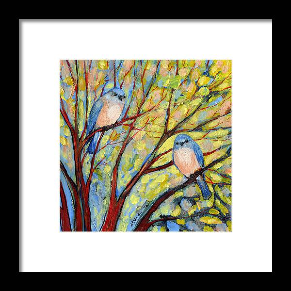 Bird Nature Bluebird Spring Branch Tree Shrub Red Yellow Blue Peach Pink Jenlo Framed Print featuring the painting Two Bluebirds by Jennifer Lommers