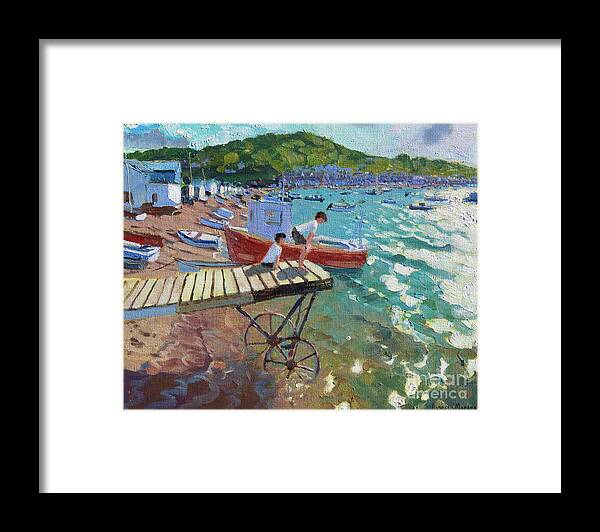 Teignmouth Framed Print featuring the painting Two boys on the landing stage, Teignmouth by Andrew Macara