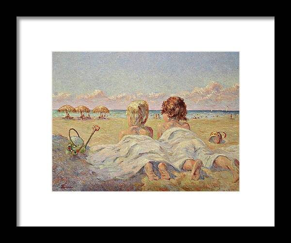 Children On The Beach Framed Print featuring the painting Two children on the beach by Pierre Dijk