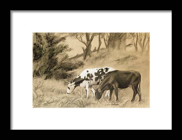 Cows Framed Print featuring the drawing Two Cows Grazing by Jordan Henderson