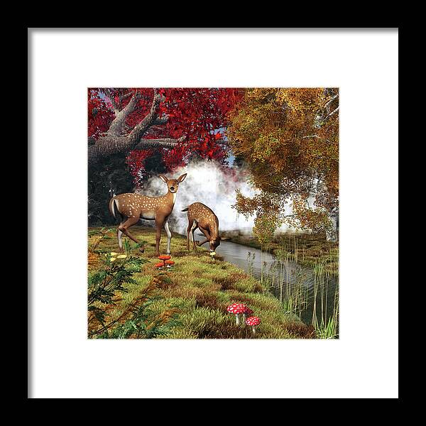 Autumn Framed Print featuring the digital art Two deers by Jan Keteleer
