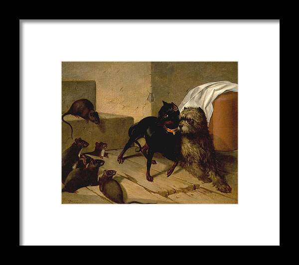 Two Dogs Cowering Before Rats Framed Print featuring the painting Two Dogs Cowering before Rats by MotionAge Designs