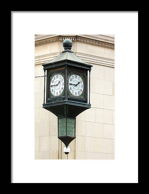 Time Clock Architecture Green Urban City Framed Print featuring the photograph Two Faced Time by Jill Reger