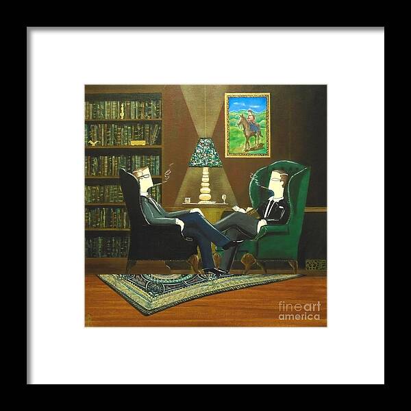 John Lyes Framed Print featuring the painting Two Gentlemen Sitting in Wingback Chairs at Private Club by John Lyes