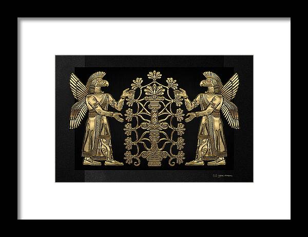 ‘treasures Of Mesopotamia’ Collection By Serge Averbukh Framed Print featuring the digital art Two Instances of Gold God Ninurta with Tree of Life over Black Canvas by Serge Averbukh