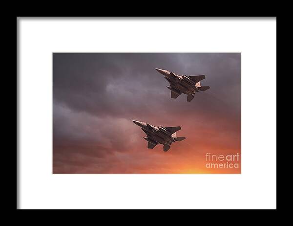 Usaf Framed Print featuring the photograph Two low flying F-15E Strike Eagles at sunset by Simon Bratt