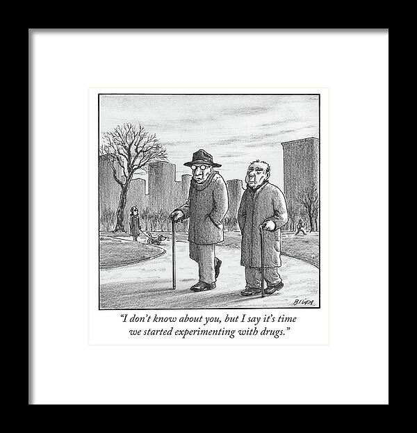 Cane Framed Print featuring the drawing Two older men walk with canes through a park. by Harry Bliss