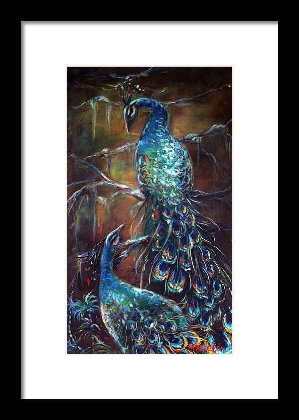 Peacocks Framed Print featuring the painting Two Peacocks by Heather Calderon