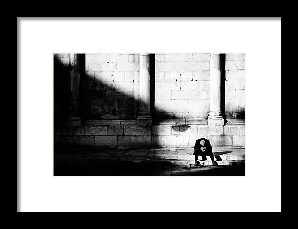 Person Framed Print featuring the photograph Two Pigeons, One Man by Franco Maffei