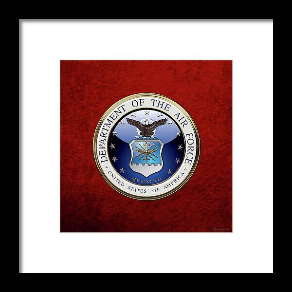 'military Insignia 3d' By Serge Averbukh Framed Print featuring the digital art U. S. Air Force - U S A F Emblem over Red Velvet by Serge Averbukh