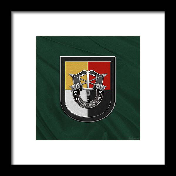 'u.s. Army Special Forces' Collection By Serge Averbukh Framed Print featuring the digital art U. S. Army 3rd Special Forces Group - 3 S F G Beret Flash over Green Beret Felt by Serge Averbukh