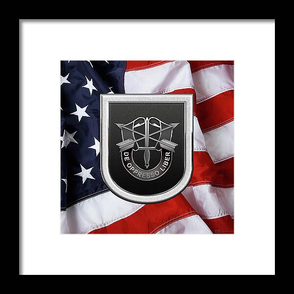 'u.s. Army Special Forces' Collection By Serge Averbukh Framed Print featuring the digital art U. S. Army 5th Special Forces Group - 5 S F G Beret Flash over American Flag by Serge Averbukh