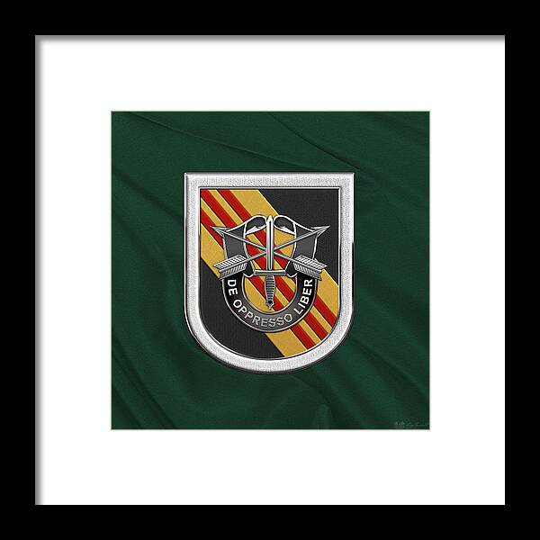 'u.s. Army Special Forces' Collection By Serge Averbukh Framed Print featuring the digital art U. S. Army 5th Special Forces Group Vietnam - 5 S F G Beret Flash over Green Beret Felt by Serge Averbukh