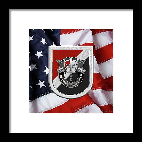 'u.s. Army Special Forces' Collection By Serge Averbukh Framed Print featuring the digital art U. S. Army 6th Special Forces Group - 6th S F G Beret Flash over American Flag by Serge Averbukh