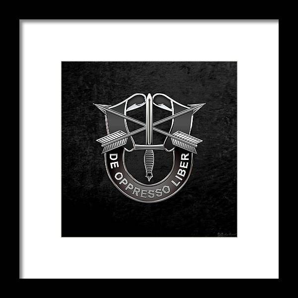 'military Insignia & Heraldry' Collection By Serge Averbukh Framed Print featuring the digital art U. S. Army Special Forces - Green Berets D U I over Black Velvet by Serge Averbukh