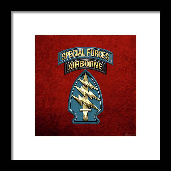 'military Insignia & Heraldry' Collection By Serge Averbukh Framed Print featuring the digital art U. S. Army Special Forces - Green Berets S S I over Red Velvet by Serge Averbukh