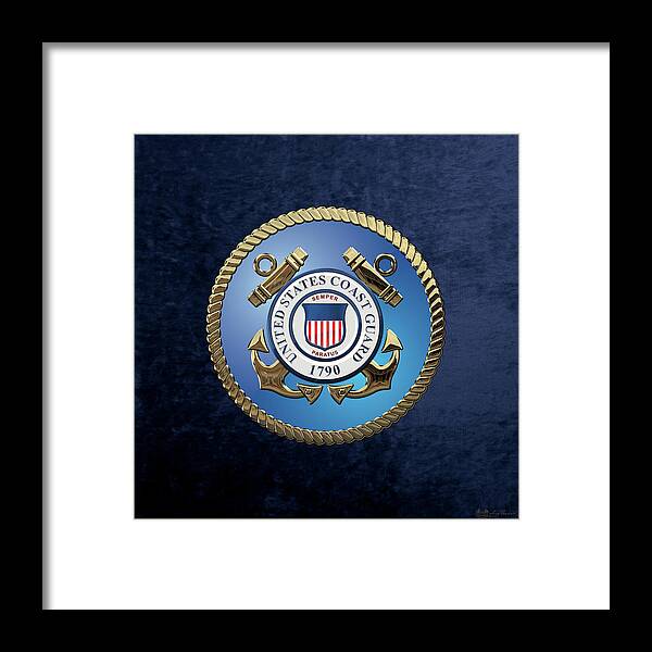'military Insignia & Heraldry 3d' Collection By Serge Averbukh Framed Print featuring the digital art U. S. Coast Guard - U S C G Emblem over Blue Velvet by Serge Averbukh