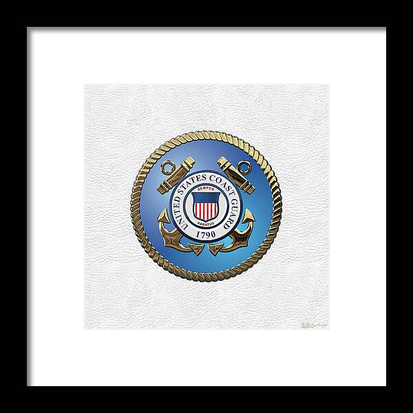 'military Insignia & Heraldry 3d' Collection By Serge Averbukh Framed Print featuring the digital art U. S. Coast Guard - U S C G Emblem over White Leather by Serge Averbukh