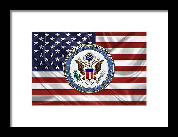 �insignia 3d� By Serge Averbukh Framed Print featuring the digital art U. S. Department of State - Emblem over American Flag by Serge Averbukh