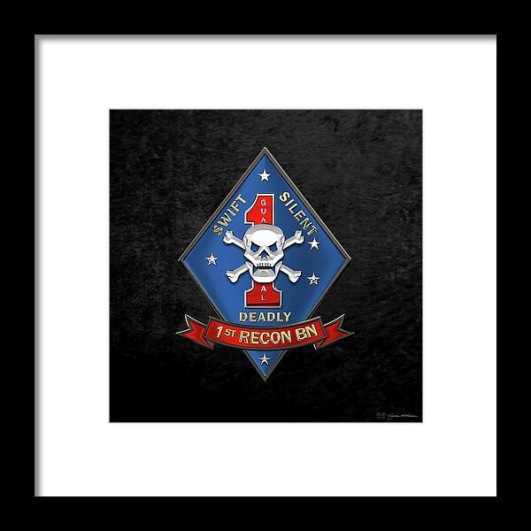 'military Insignia & Heraldry' Collection By Serge Averbukh Framed Print featuring the digital art U S M C 1st Reconnaissance Battalion - 1st Recon Bn Insignia over Black Velvet by Serge Averbukh
