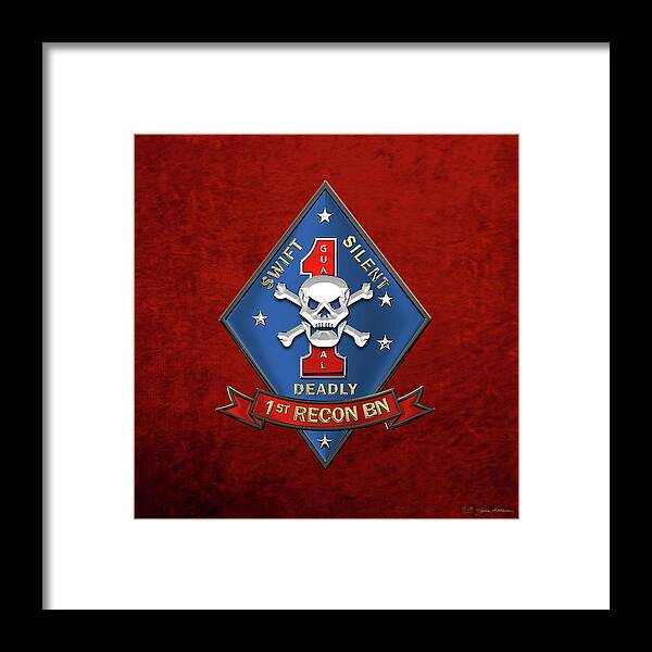 'military Insignia & Heraldry' Collection By Serge Averbukh Framed Print featuring the digital art U S M C 1st Reconnaissance Battalion - 1st Recon Bn Insignia over Red Velvet by Serge Averbukh