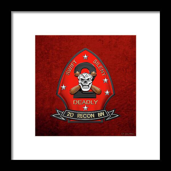'military Insignia & Heraldry' Collection By Serge Averbukh Framed Print featuring the digital art U S M C 2nd Reconnaissance Battalion - 2nd Recon Bn Insignia over Red Velvet by Serge Averbukh