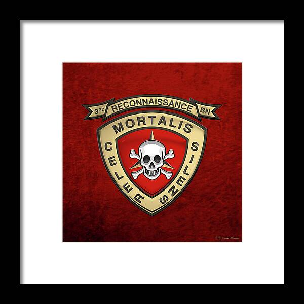 'military Insignia & Heraldry' Collection By Serge Averbukh Framed Print featuring the digital art U S M C 3rd Reconnaissance Battalion - 3rd Recon Bn Insignia over Red Velvet by Serge Averbukh